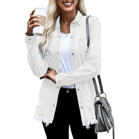 WOMEN'S Oversized Denim Jacket Casual LongA1 White